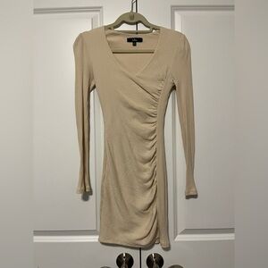 Lulu's Cream Ribbed V-Neck Long Sleeve Mini Dress 92% Cotton